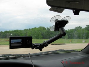 The 4.2-oz. Bloggie holds fast to my windshield with a standard 3-suction cup mount.