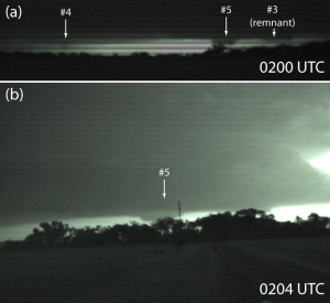 The Greensburg tornado (#5) illuminated by lightning. These are frame grabs from my handheld video.