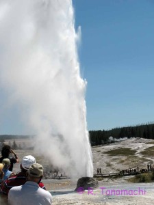 Tourists watch Beehive Geyser erupt