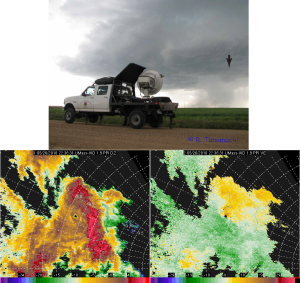Top: W-band radar truck under Colorado supercell. Bottom: W-band radar data collected in a vortex near the tip of the hook.